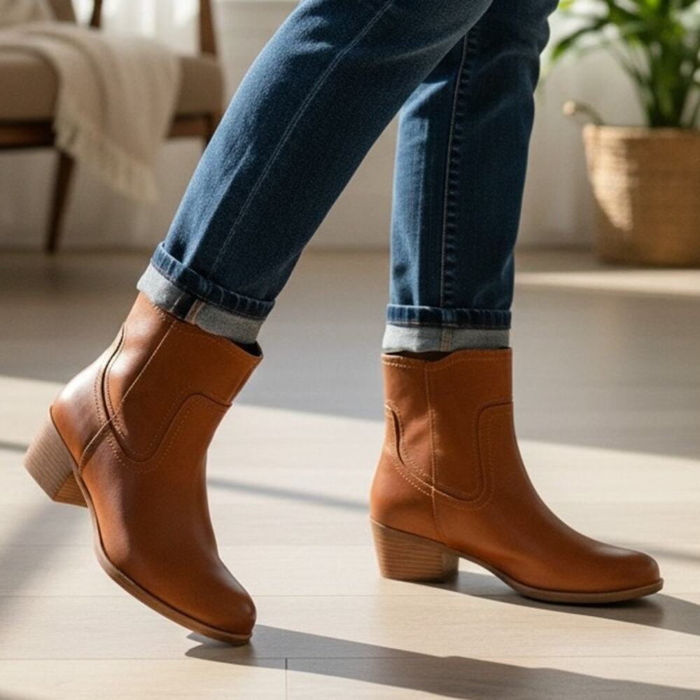 Naturalizer Kelby Womens 7M Tan Cognac Ankle Boots Side Zip Block Heel NWOB